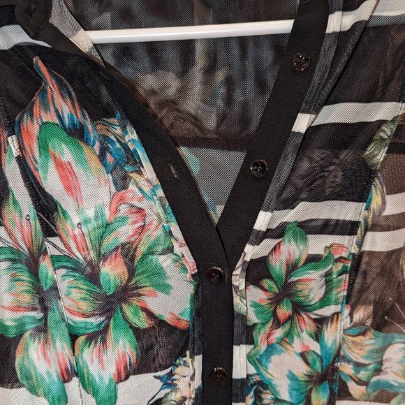 BEBE Black Sheer Mesh Chiffon Floral Shirt XXS - Picture 3 of 3